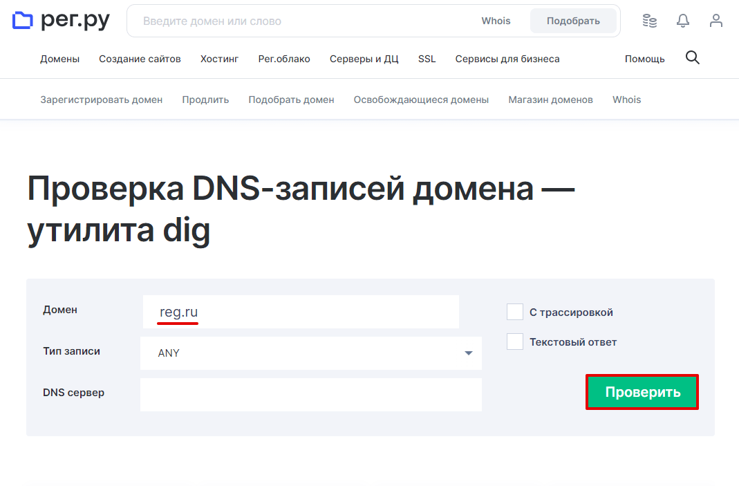 Онлайн-проверка DNS-записей домена 1