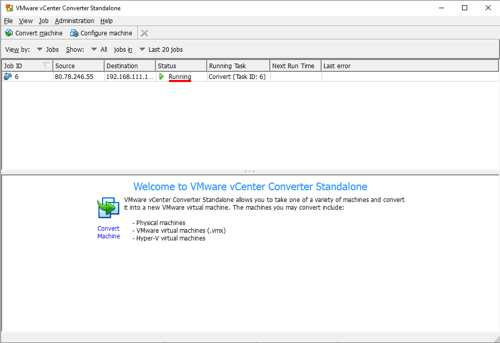 Статус конвертации исходного сервера в виртуальную машину в VMware Converter