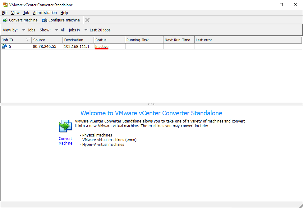 Статус после окончания конвертации VMware Converter