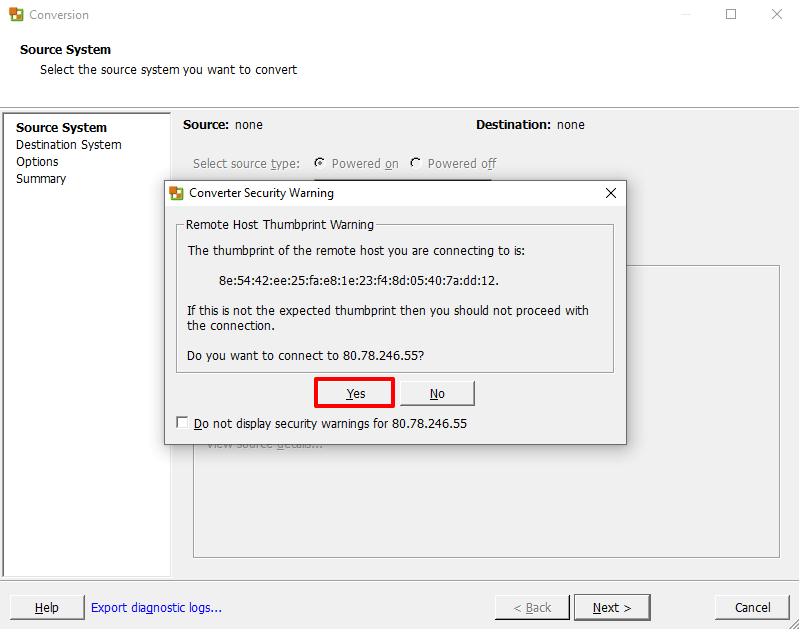 Проверка отпечатка исходного сервера в VMware Converter