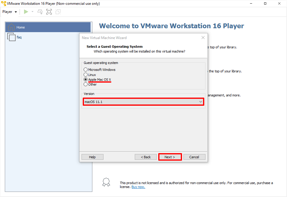 Меню выбора версии ОС для установки на виртуальную машину в VMware
